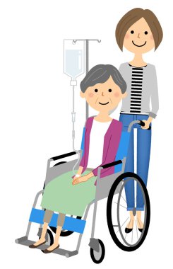 Elderly person in wheelchair with caregiver/It is an illustration of a caregiver and the elderly riding a wheelchair.