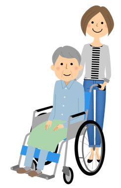 Elderly person in wheelchair with caregiver/It is an illustration of a caregiver and the elderly riding a wheelchair.