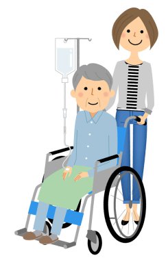 Elderly person in wheelchair with caregiver/It is an illustration of a caregiver and the elderly riding a wheelchair.