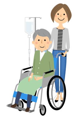 Elderly person in wheelchair with caregiver/It is an illustration of a caregiver and the elderly riding a wheelchair.