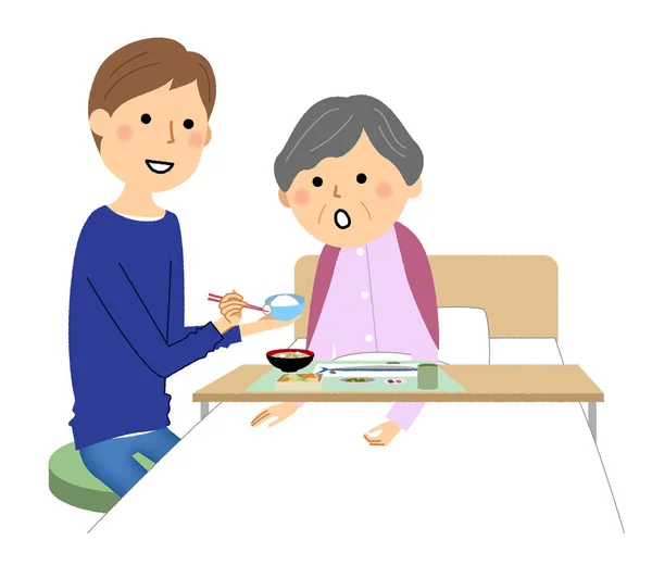 Επισιτιστική Βοήθεια Στους Ηλικιωμένους Εικονογράφηση Οικογένειας Που Βοηθά Τους Ηλικιωμένους — Διανυσματικό Αρχείο