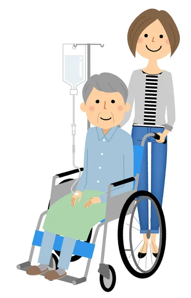 Elderly Person Wheelchair Caregiver Illustration Caregiver Elderly Riding Wheelchair — Stok Vektör