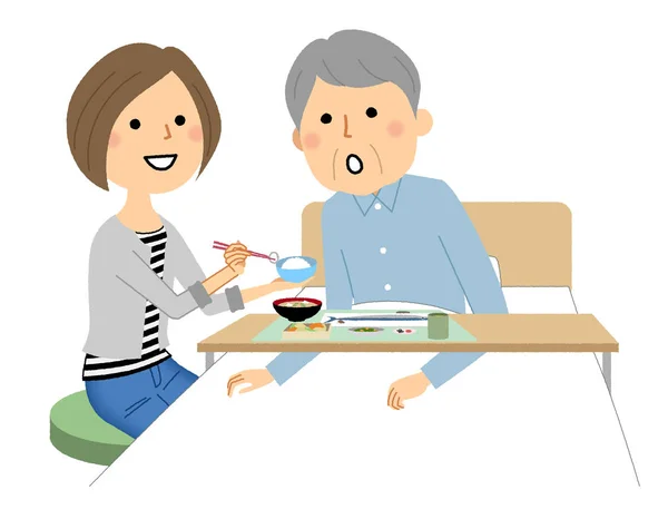 Food Assistance Elderly Illustration Family Helping Elderly Eat — ストックベクタ