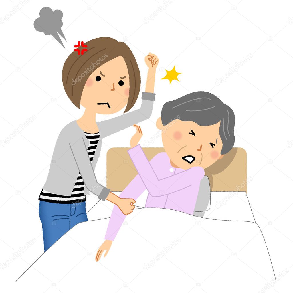 Elderly people beaten by a caregiver and scared/It is an illustration of an elderly person who is beaten and scared by a caregiver.