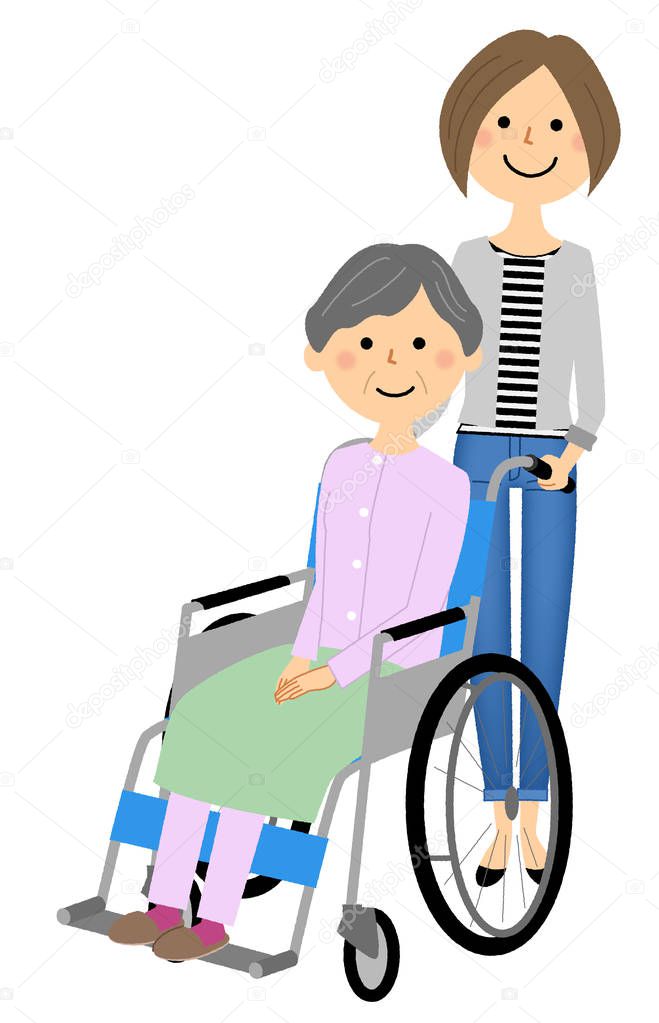 Elderly person in wheelchair with caregiver/It is an illustration of a caregiver and the elderly riding a wheelchair.