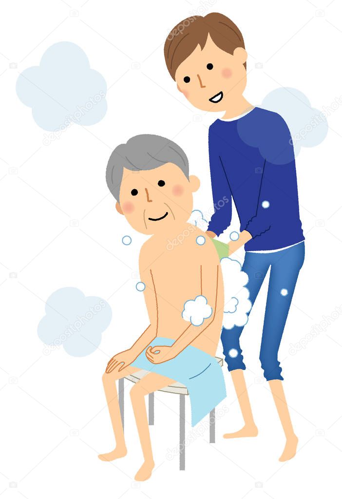 Elderly people getting bathing assistance/It is an illustration of the elderly who has their family help bathing.