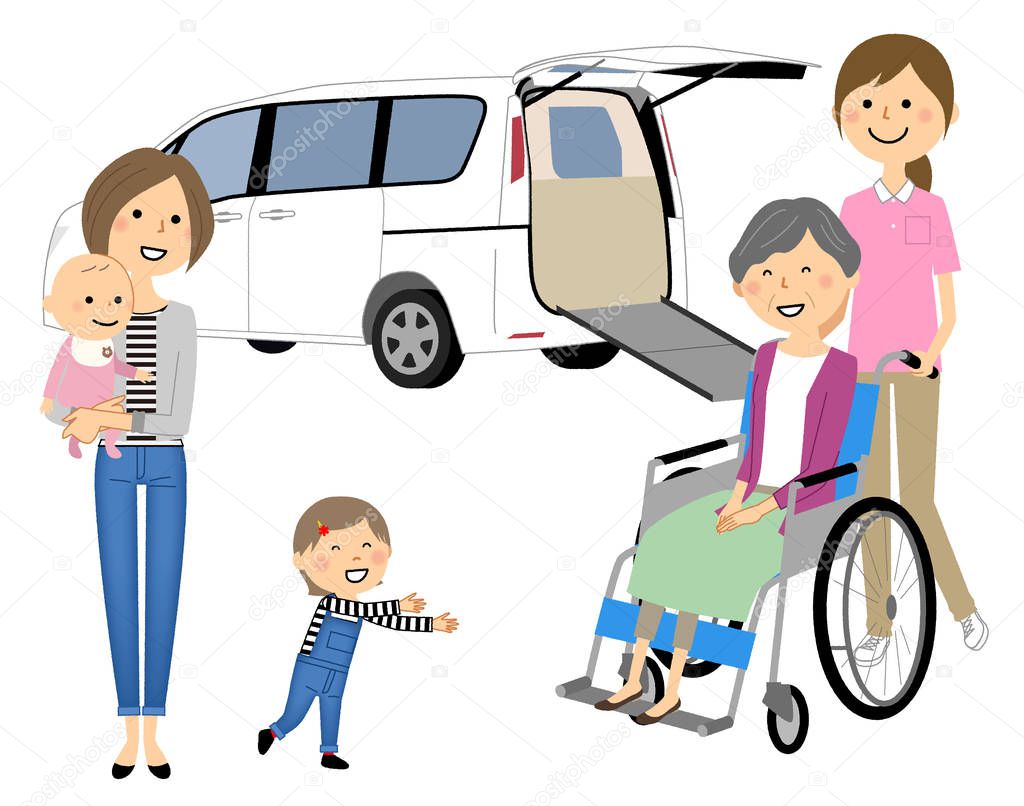 Elderly people in wheelchairs, nursing staff and welfare vehicles,Family/This is an illustration of elderly people, care staff and welfare vehicles in wheelchairs.