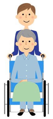 Elderly person in wheelchair with caregiver/It is an illustration of a caregiver and the elderly riding a wheelchair.
