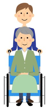 Elderly person in wheelchair with caregiver/It is an illustration of a caregiver and the elderly riding a wheelchair.