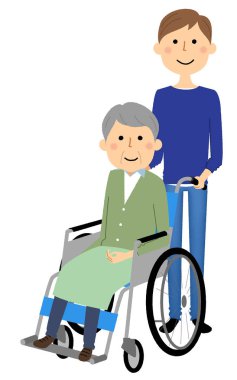 Elderly person in wheelchair with caregiver/It is an illustration of a caregiver and the elderly riding a wheelchair.