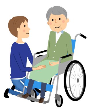 Elderly person in wheelchair with caregiver/It is an illustration of a caregiver and the elderly riding a wheelchair.