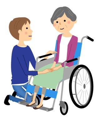 Elderly person in wheelchair with caregiver/It is an illustration of a caregiver and the elderly riding a wheelchair.