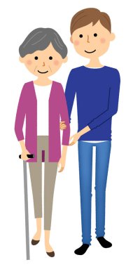 Elderly people receiving walking assistance from caregivers/This is an illustration of an elderly person receiving walking assistance from a caregiver.