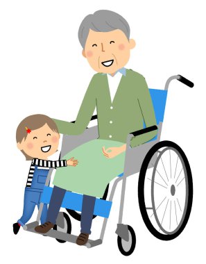 Tekerlekli sandalyede çocuklu yaşlı insanlar. Tekerlekli sandalyedeki bir çocuk ve yaşlı bir kişinin resmi..