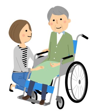Elderly person in wheelchair with caregiver/It is an illustration of a caregiver and the elderly riding a wheelchair.