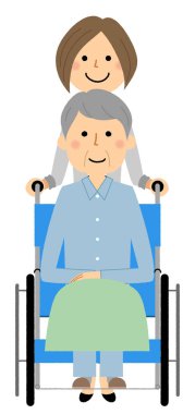 Elderly person in wheelchair with caregiver/It is an illustration of a caregiver and the elderly riding a wheelchair.