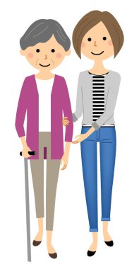 Elderly people receiving walking assistance from caregivers/This is an illustration of an elderly person receiving walking assistance from a caregiver.