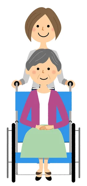 Elderly Person Wheelchair Caregiver Illustration Caregiver Elderly Riding Wheelchair — 图库矢量图片