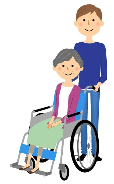 Ηλικιωμένοι Αναπηρική Καρέκλα Φροντιστή Είναι Μια Εικόνα Ενός Φροντιστή Και — Διανυσματικό Αρχείο
