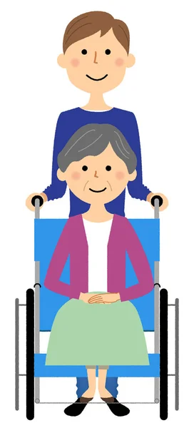 Elderly Person Wheelchair Caregiver Illustration Caregiver Elderly Riding Wheelchair — 图库矢量图片