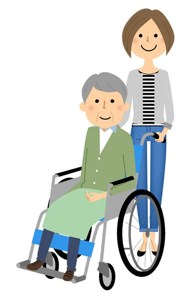 Elderly Person Wheelchair Caregiver Illustration Caregiver Elderly Riding Wheelchair — 스톡 벡터