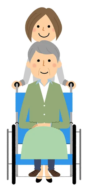 Persona Anziana Sedia Rotelle Con Caregiver Tratta Esempio Caregiver Gli — Vettoriale Stock