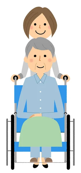 Idoso Cadeira Rodas Com Cuidador Uma Ilustração Cuidador Idoso Montando —  Vetores de Stock