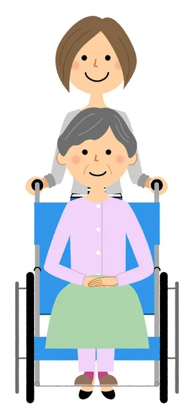 Elderly Person Wheelchair Caregiver Illustration Caregiver Elderly Riding Wheelchair — 图库矢量图片