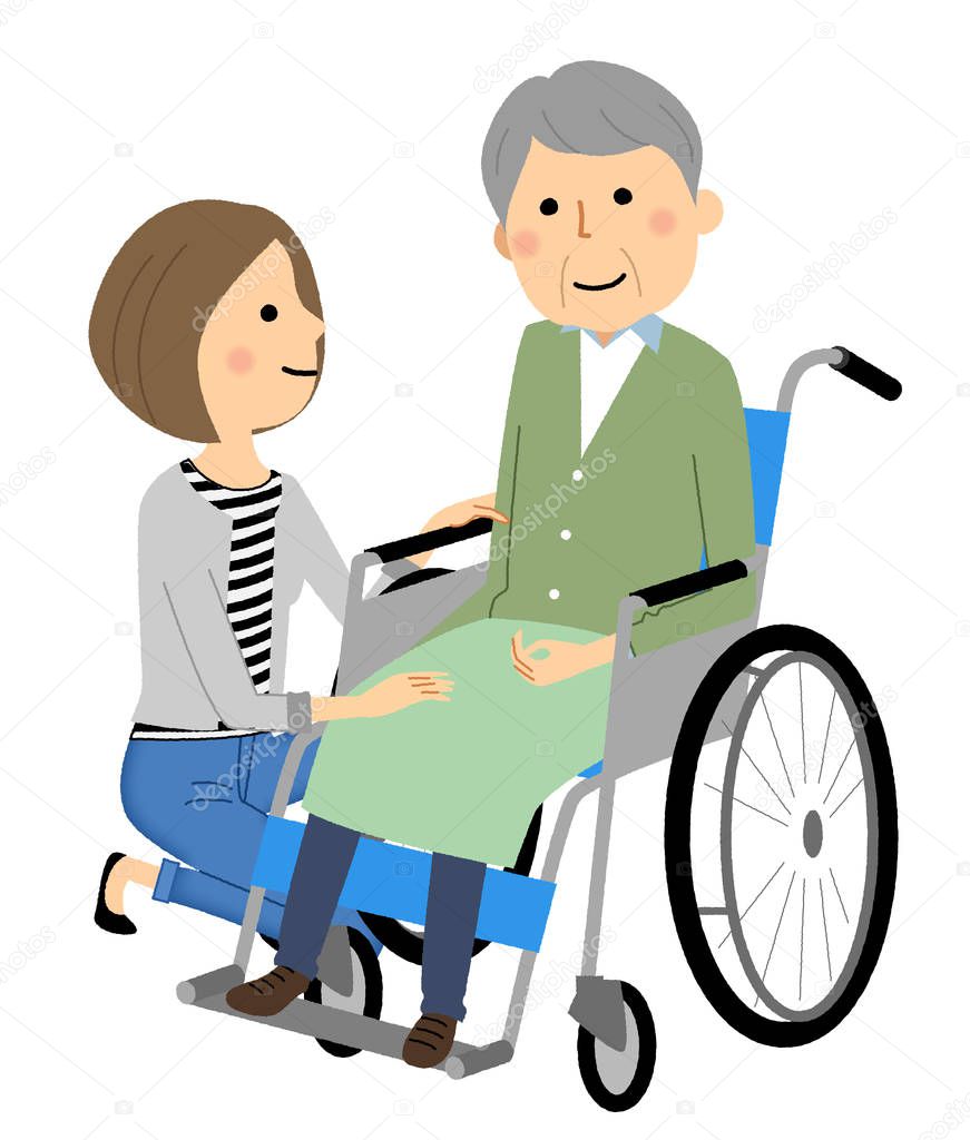 Elderly person in wheelchair with caregiver/It is an illustration of a caregiver and the elderly riding a wheelchair.