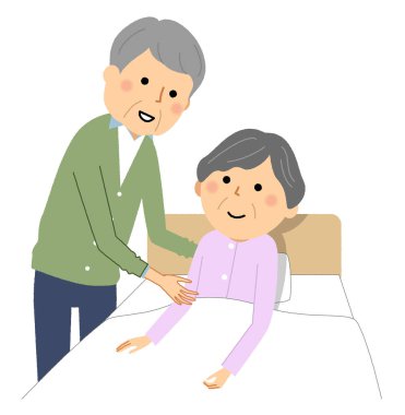 - Yaşlılar uyumaya gidiyor. - Bakıcıyla yatan yaşlıların bir çizimi..