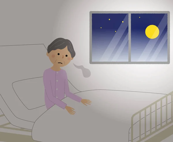 老年妇女 因失眠住院 说明一名无法入睡的住院老年妇女 — 图库矢量图片