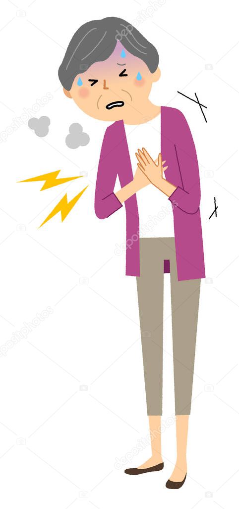 Elderly woman, Chest pain/Illustration of an elderly woman whose chest hurts.