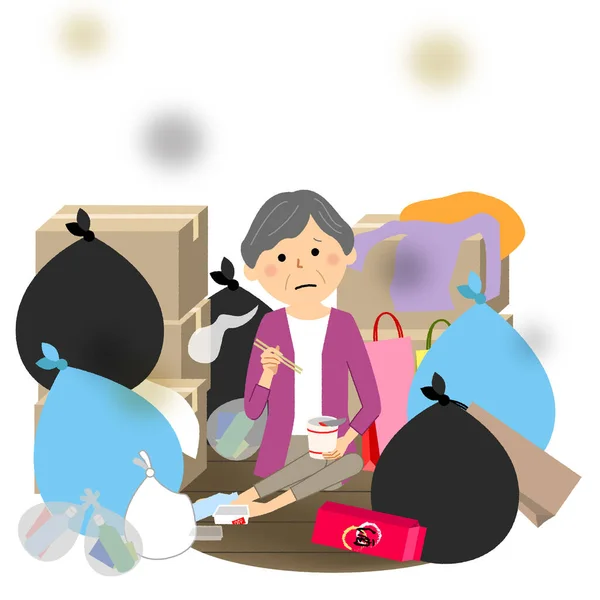 Müll Und Ältere Menschen Tasse Nudeln Illustration Einer Älteren Frau — Stockvektor