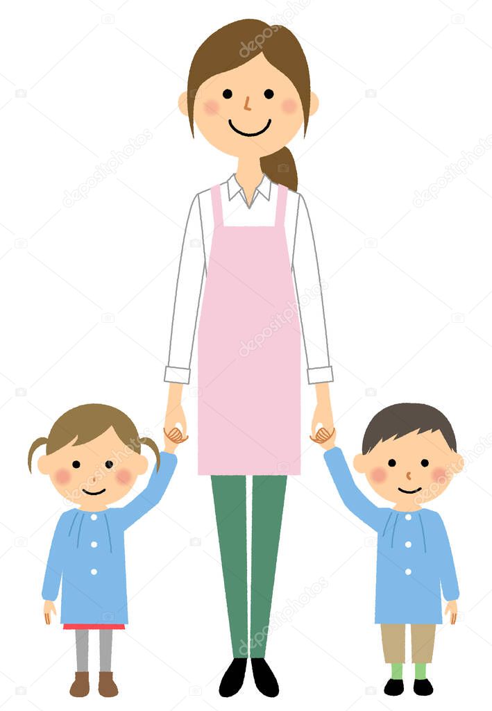 Kindergarten and teacher/It is an illustration of a teacher and a child holding hands.