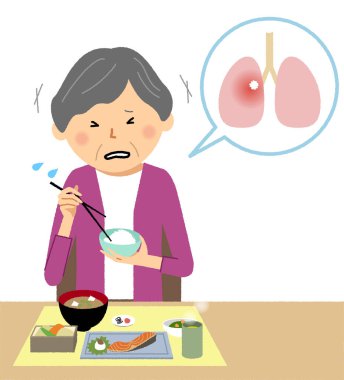 Elderly people who aspirated during a meal/Illustration of an elderly person who aspirated during a meal. clipart