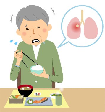 Elderly people who aspirated during a meal/Illustration of an elderly person who aspirated during a meal.