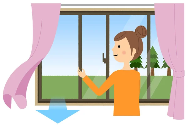 Ventilation Infectious Disease Prevention Illustration Woman Opens Window Exchanges Air — 图库矢量图片