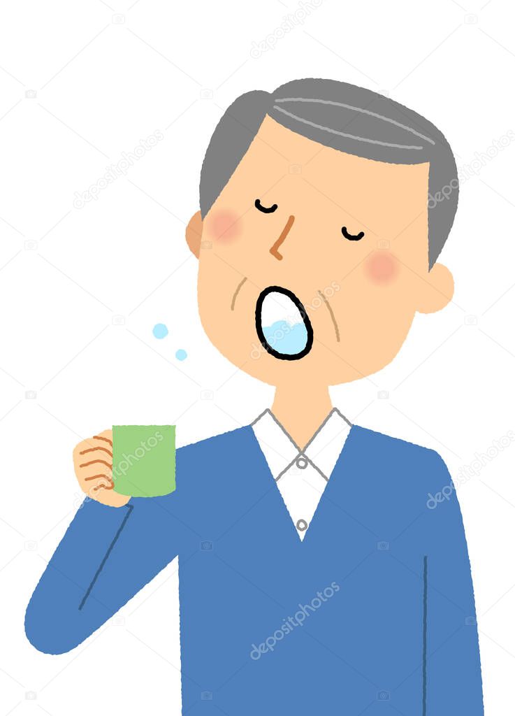 Elderly man, Gargle/Illustration of an elderly man gargle.