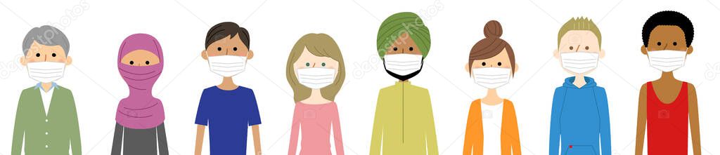People from different countries wearing masks/Illustration of people from different countries wearing masks.