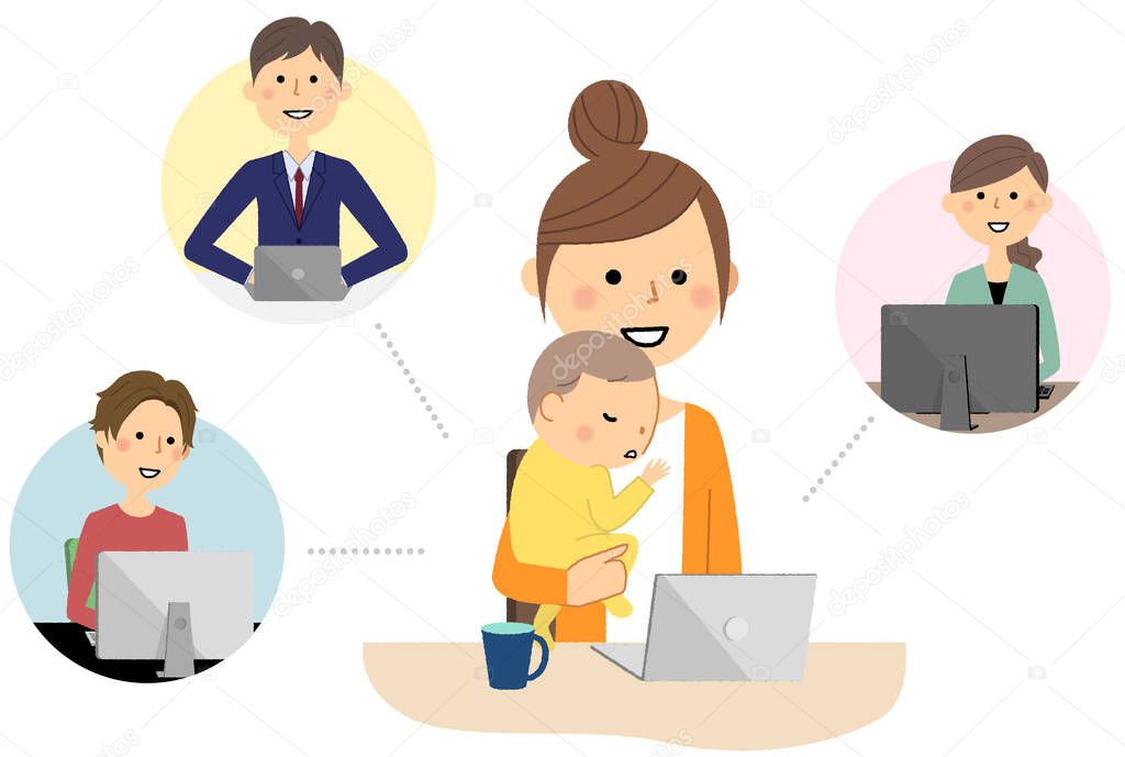 Working remotely/Illustration of a person working remotely.