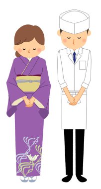 Japon restoranı Bow / t, bir Japon restoranında eğilen personelin bir resmidir..