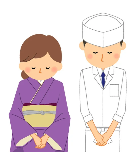 Japonská Restaurace Bow Ilustrací Personálu Japonské Restaurace Která Klaní — Stockový vektor