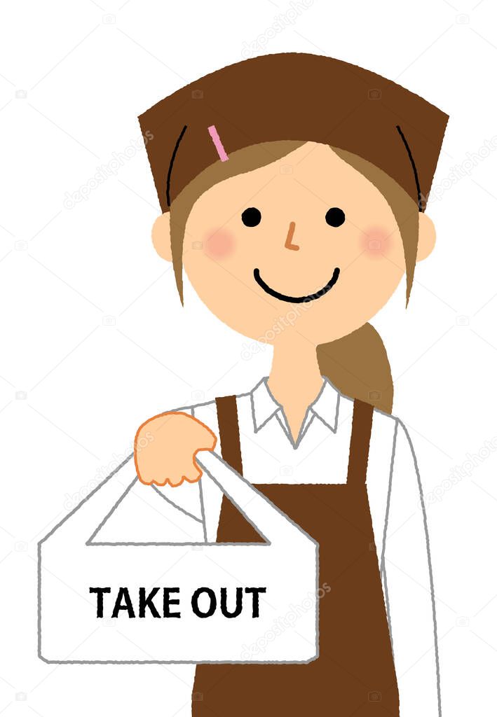 Lunch shop staff,Take out/It is an illustration where the staff at the lunch box hand over the take-out products.