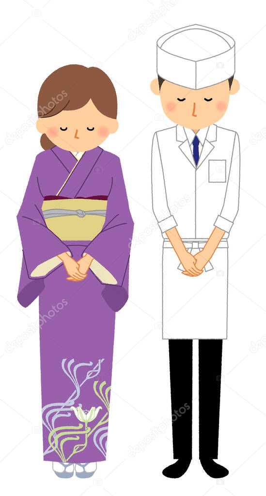 Japanese restaurant, Bow/t is an illustration of the staff of a Japanese restaurant bowing.