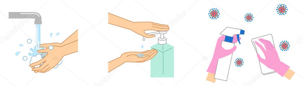 Hand washing, Disinfection, Sterilization/Illustration of hand washing and disinfection. Corona infection prevention.
