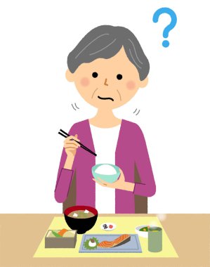 Elderly women with taste disorders/Illustration of an elderly woman with taste disorders. I don't feel the taste of food. clipart