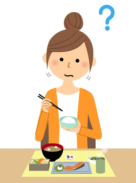 味覚障害のある若い女性 食べ物の味を感じずに不快な思いをする若い女性のイラストです — ストックベクタ