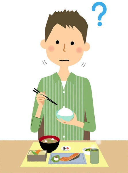 味覚障害のある若い男性 食べ物の味を感じずに不快な思いをする若い男のイラストです — ストックベクタ