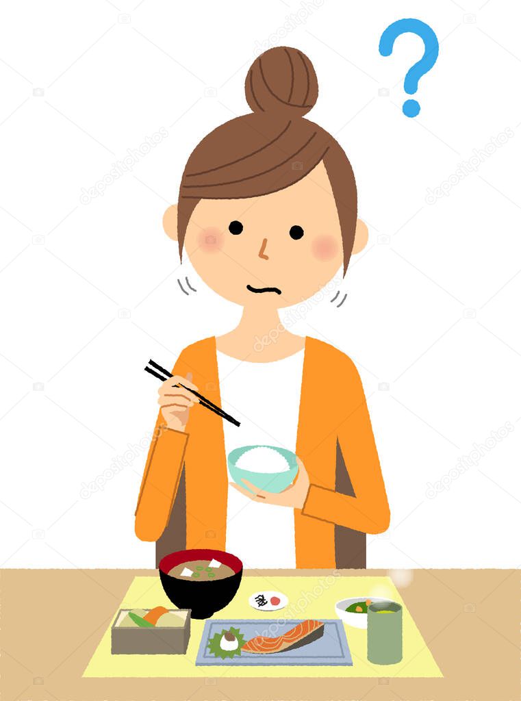 Young woman with taste disorders/It is an illustration of a young woman who feels uncomfortable without feeling the taste of food.