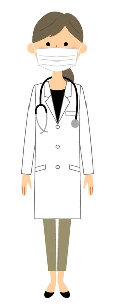 Female White Coat Stethoscope Illustration Woman White Coat Wearing Mask — Stock Vector